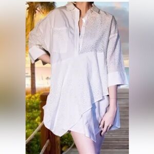 New! Zara large white eyelet asymmetrical cotton collared top.